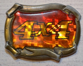 Vintage 4 x 4 Belt Buckle 1979 Chroma Graphics Brass Red Resin Free Spirit Collection Off Road Sports Collectible Buckle PanchosPorch