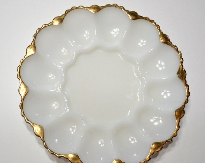 Vintage Milk Glass Deviled Egg Plate Gold Trim White Glass Serving Dish