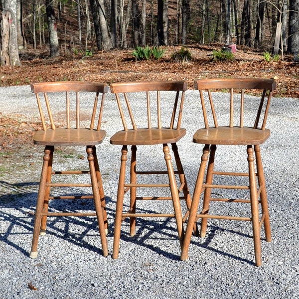 Vintage Wooden Kitchen Stool Bar Stool Turned Wood Spindles Back Rest Rustic Farmhouse Decor Panchosporch