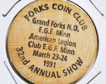 Vintage Wooden Nickel Forks Coin Club Red River Valley Minnesota North Dakota Souvenir Wood Token Coin Advertising Memorabilia PanchosPorch