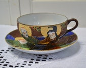 Vintage Satsuma Cup and Saucer Chocolate Brown Raised Moriage Enamel Hand Painted Japanese Porcelain PanchosPorch