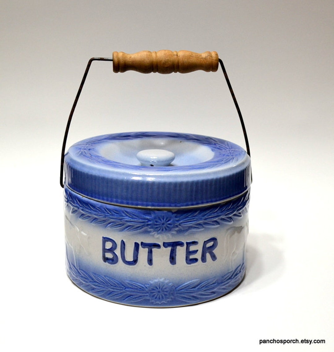 Vintage Butter Crock With Handle Lidded Blue and White Etsy