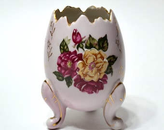 Vintage Pink Ceramic Egg Shaped Vase Planter Floral Cracked Three Legged Egg Knick Knack Footed Vase Easter Spring Decor Ardco PanchosPorch