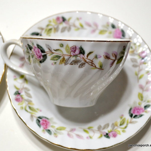 Vintage Regency Rose Cup and Saucer Set of 4 Pink Green Floral Flowers Swirl Creative China Pattern 2345 Japan PanchosPorch