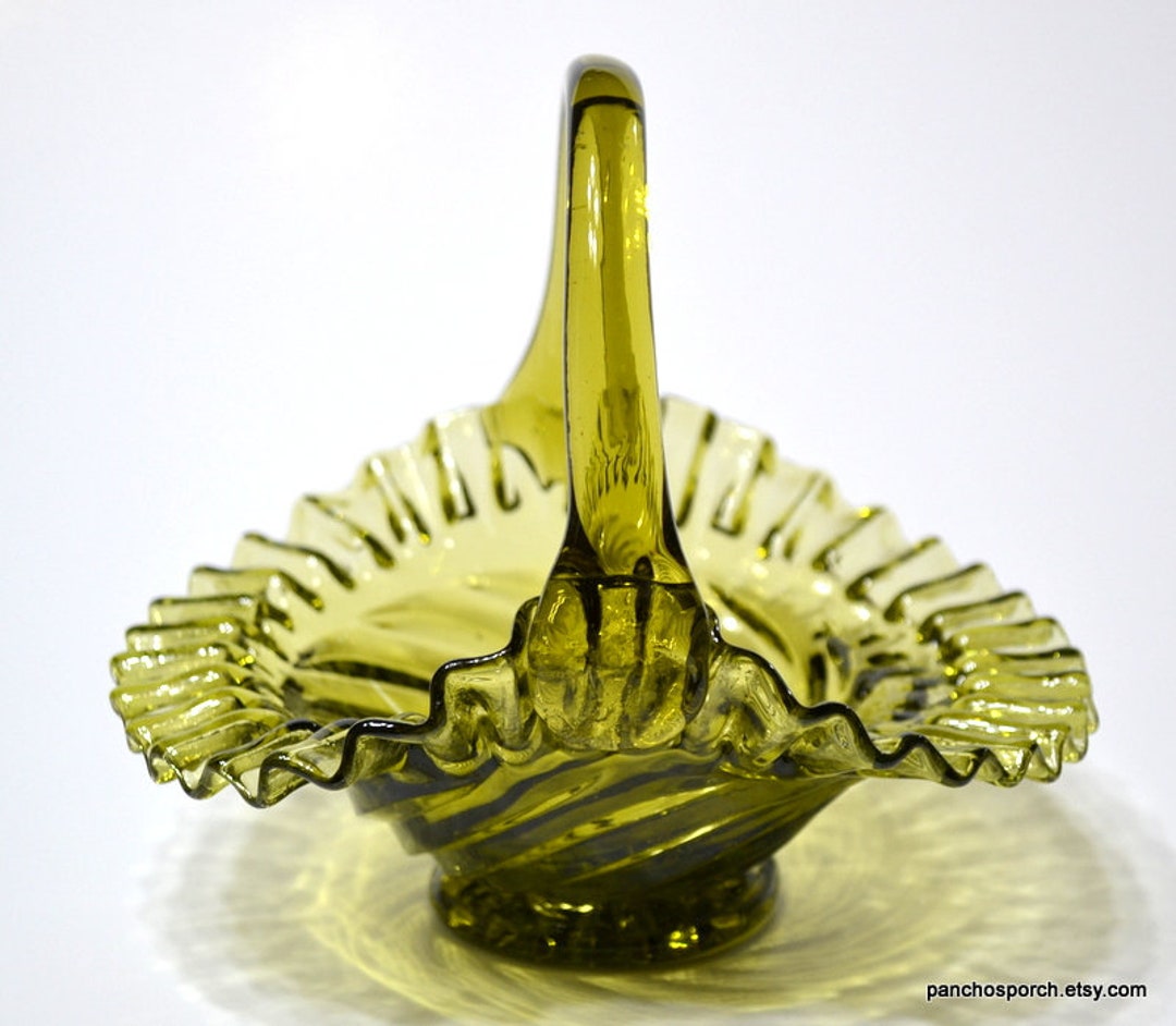 Vintage Olive Green Glass Basket With Handle Swirl Pattern Crimp Rim Avocado Green Pressed Glass
