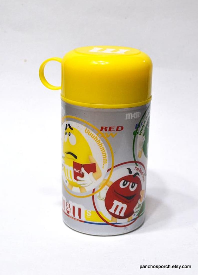 Vintage M&M Insulated Container 2002 Hot Cold Drink Bottle Yellow Lunchbox Thermos Childhood Memory PanchosPorch