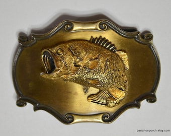 Vintage BIG MOUTH Bass Belt Buckle Gold Brass Fish Fisherman Sportsman Gift Mens Accessory Country Western Raintree PanchosPorch