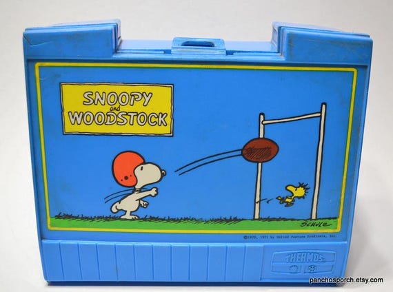 Vintage SNOOPY WOODSTOCK Lunchbox and Thermos Blue Plastic Lunch