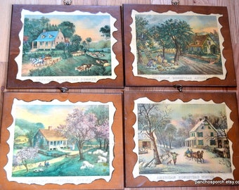 Vintage Currier and Ives Four Season Decoupage Wooden Plaques Set of 4 American Homestead Series 13 x 16 Wall Decor  PanchosPorch