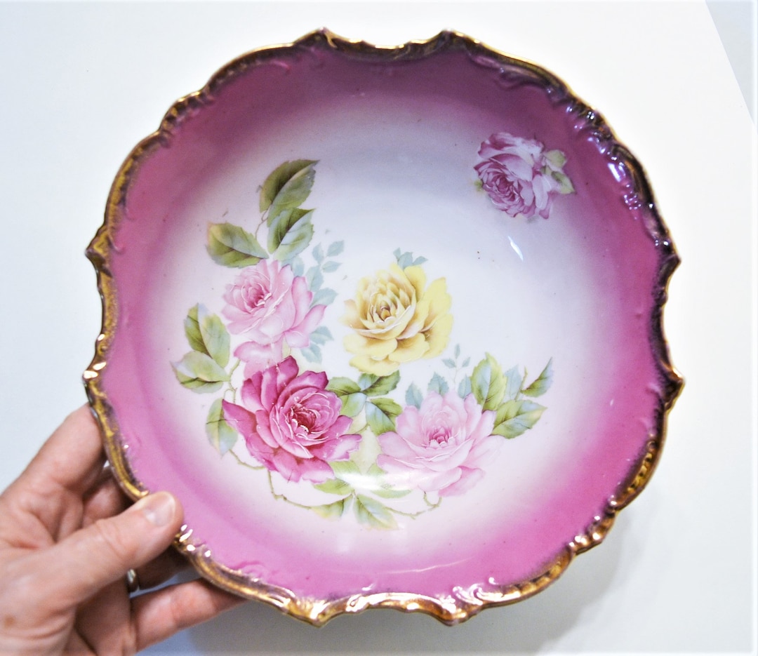 Vintage Pink Floral Bowl: Porcelain Serving Bowl With Gold Rim - Etsy