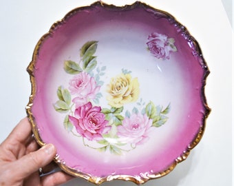 Vintage Pink Floral Bowl: Porcelain Serving Bowl with Gold Rim