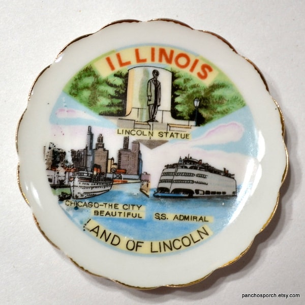 Vintage Illinois Mini Plate Land of Lincoln Travel Souvenir Chicago Admiral Small 3.25 inch Little Coaster Kitsch Wall Decor PanchosPorch