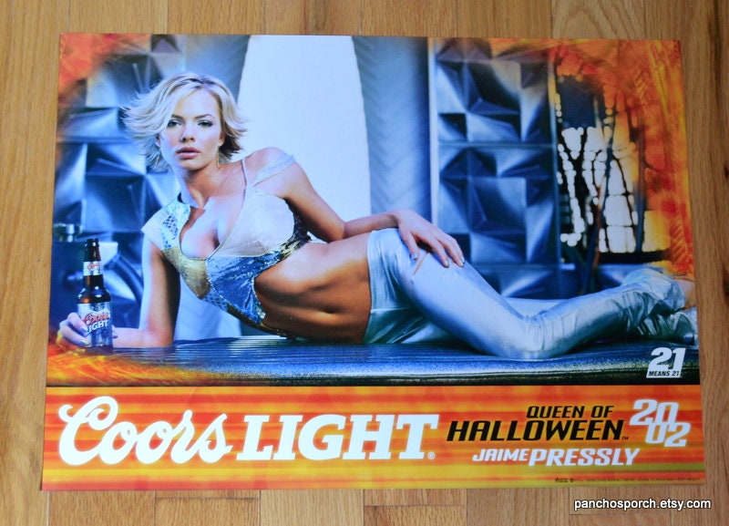 Vintage COORS LIGHT Jaime Pressly Poster Queen of Halloween 21 x 15 Man Cave Garage Wall Decor Advertising Beer Brewery PanchosPorch