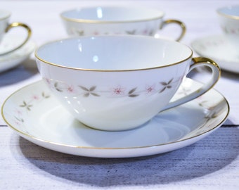 Vintage Jyoto Juliet Teacup Set of 4: Pink Floral Gold Trim, Mid Century Japan