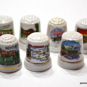 Vintage Souvenir Thimble Lot of 7 Porcelain Thimbles Various States Travel Mementos Sewing Thimble Collection PanchosPorch