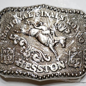 Vintage HESSTON NFR Rodeo Belt Buckle 1986 Wrapper Small Size Childs Ladies National Finals Rodeo Bronco Riding Cowboy Western PanchosPorch