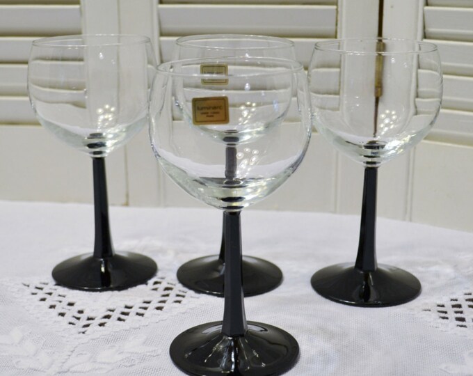 Vintage Luminarc Wine Glass Set of 4 Black Stem France Retro Etsy