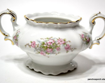 Vintage Johann Haviland Pink Floral Sugar Bowl NO LID Pompadour Shape Gold Rims Bavaria Wedding China Formal Dinnerware PanchosPorch