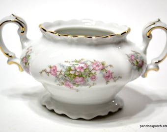 Vintage Johann Haviland Sugar Bowl: Pink Floral Gold Trim, Bavaria (NO LID)