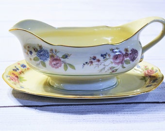 Vintage Schlaggenwald Lafayette Gravy Boat Attached Underplate Multicolored Floral Gold Trim Czechoslovakia Haas Czizek PanchosPorch