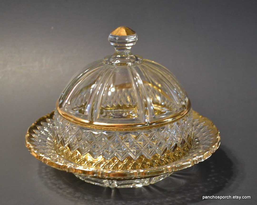 Vintage EAPG Dome Butter Dish Clear Glass Gold Details Diamond Etsy