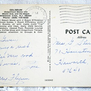 May include: A vintage postcard with handwritten messages and an address. The postcard features a stamp with a portrait of Crazy Horse. The text on the card mentions a motel in Wildwood Crest, NJ.