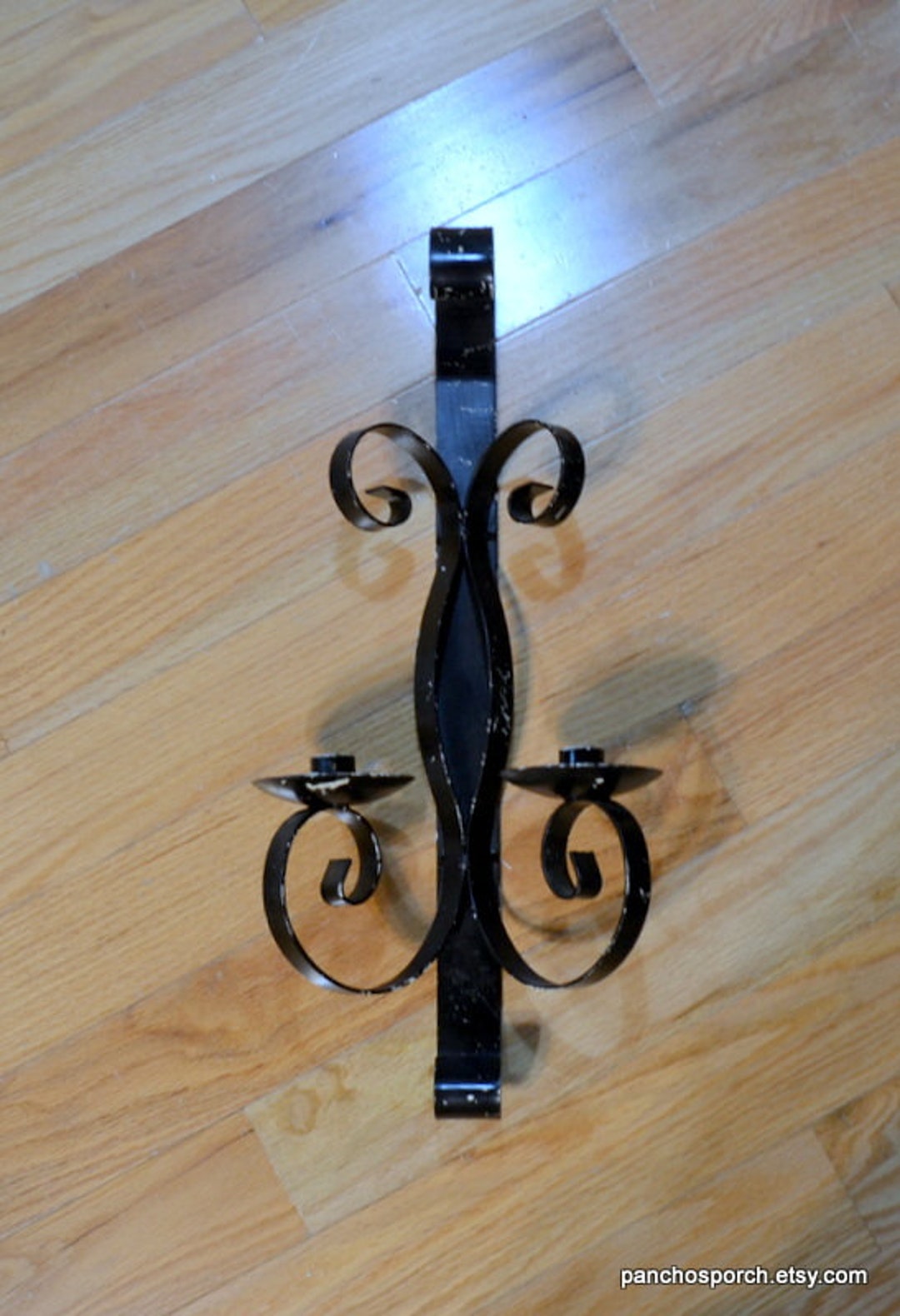Vintage Wrought Iron Candle Sconce Large Chippy Black Paint Double