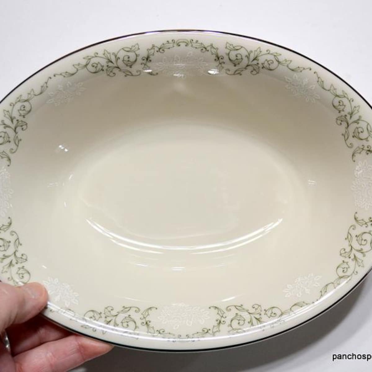 Vintage Pickard Cameo Bowl: Oval Serving Piece, Green Floral, Platinum Rim