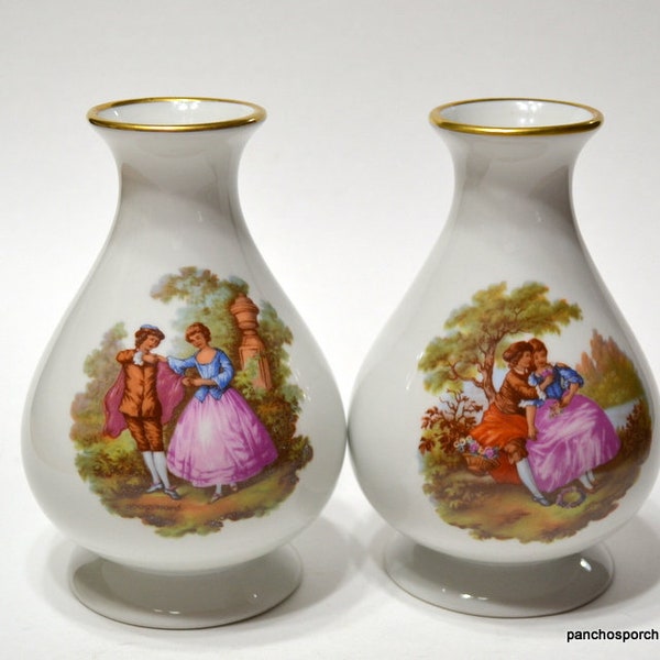 Vintage LIMOGES Vase Pair Victorian Courting Couple Gold Rim Matching 6 inch Porcelain Vases Romantic Home Decor France PanchosPorch