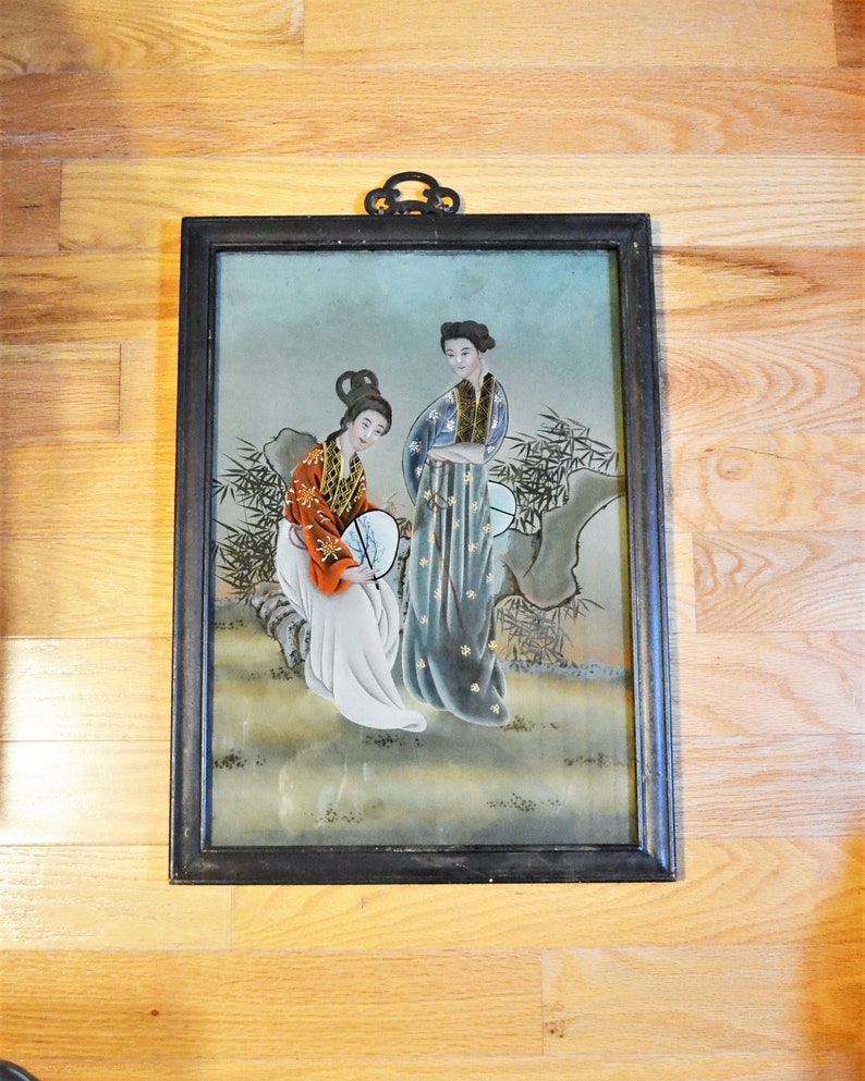 Vintage Asian Reverse Painting on Glass Geisha Women Kimono Etsy