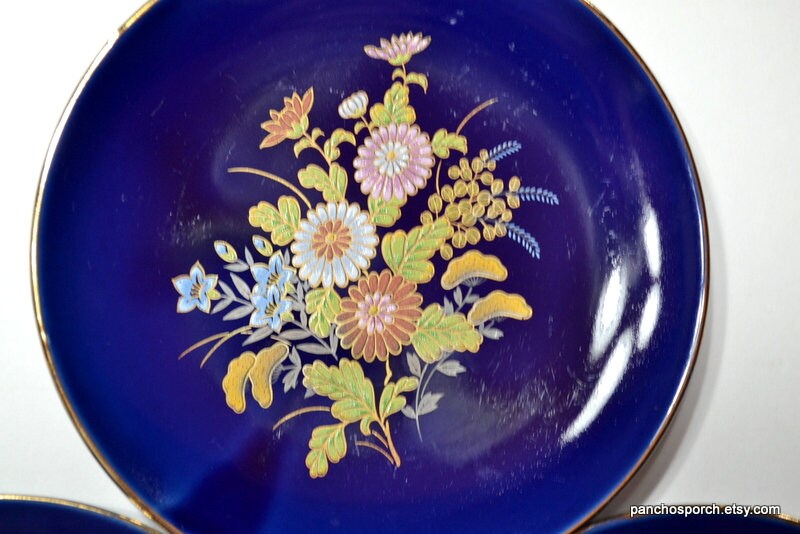 Vintage Japanese Cobalt Blue Plate Set of 3 Floral