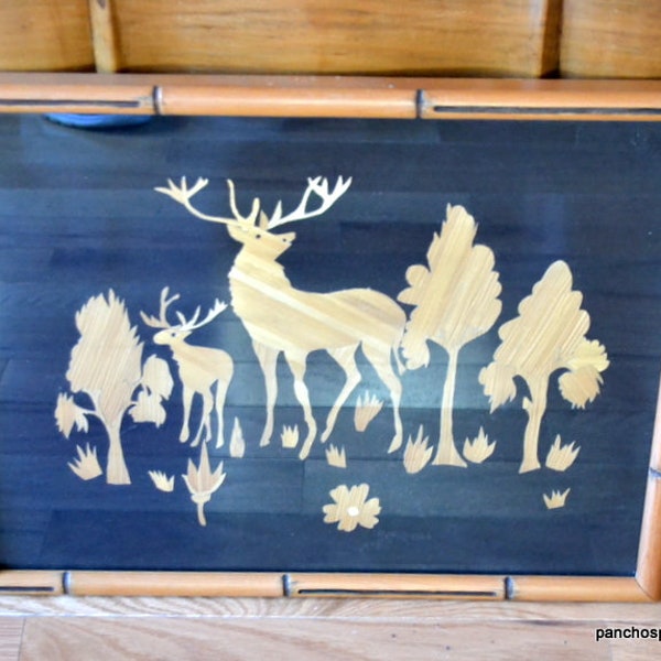 Vintage Folk Art Woodland Scene Wood Marquetry Framed Wall Decor Black Brown Deer Elk Trees PanchosPorch