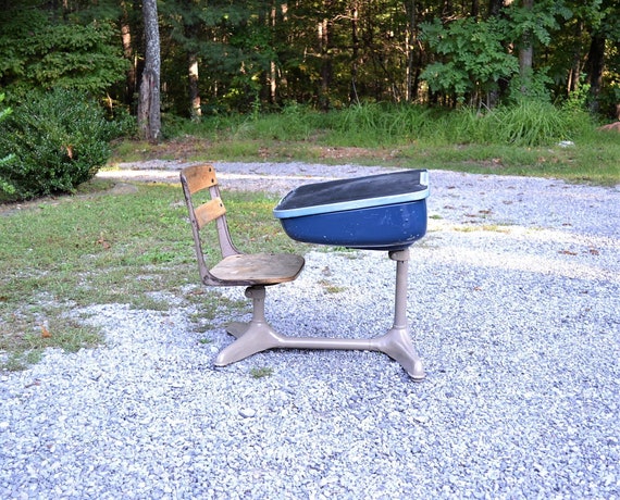 Vintage School Desk With Attached Chair Wood And Metal Blue Etsy