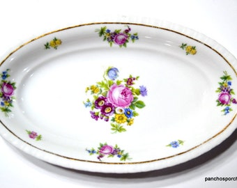 Vintage TK Thun Relish Dish: Floral Oval Serving Plate with Gold Trim