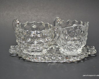 Vintage Fostoria American Clear Glass Sugar Bowl Creamer Tray Set