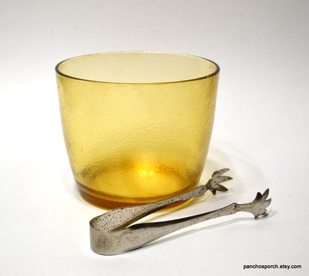Vintage Amber Glass Ice Bucket Tongs Gold Textured Glass Round Ice