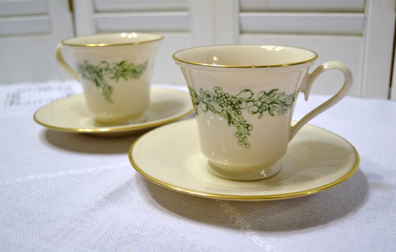 Lenox Special China Cup and Saucer Set of 2 Cream Green Fruit Etsy