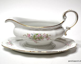 Vintage Johann Haviland Gravy Boat: Pink Floral Bavaria China
