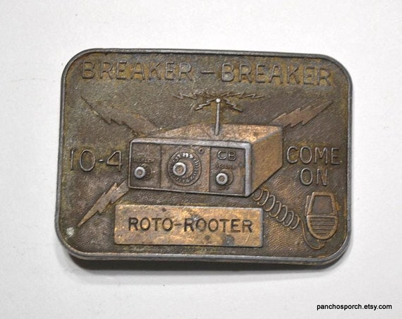 Vintage CB Radio Belt Buckle: Breaker Breaker Roto Rooter, Gold Tone