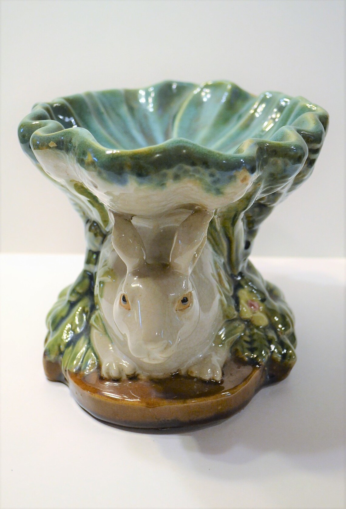 Vintage Majolica Bunny Rabbit Pedestal Bowl Dish Compote Etsy