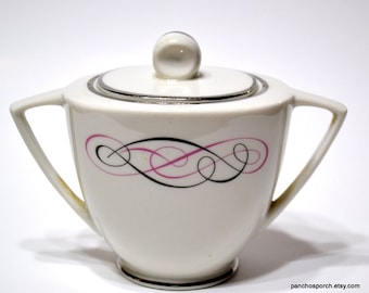 Vintage PARK LANE Sugar Bowl with Lid Pink Gray Swirl Scroll Abstract Mid Century Dinnerware Coffee Bar Tea Room Mod Kitchen PanchosPorch