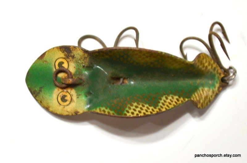 Vintage Buck Perry Spoonplug Fishing Lure Original Green Yellow Scales Lure  2 Hooks Sport Collectible Fishing Tackle Man Cave Panchosporch 