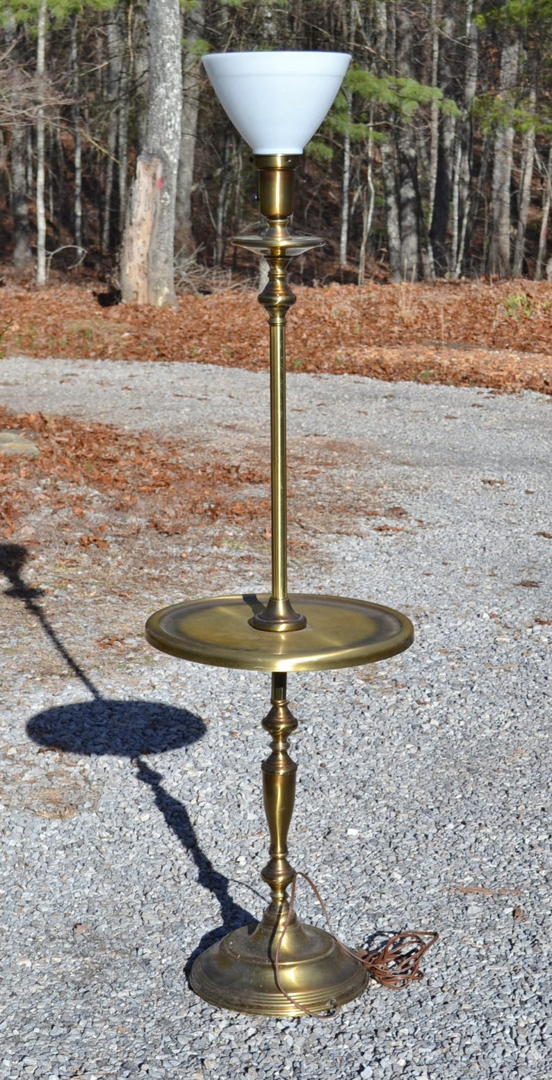 Vintage Torchiere Floor Lamp With Table Antique Brass Color Metal