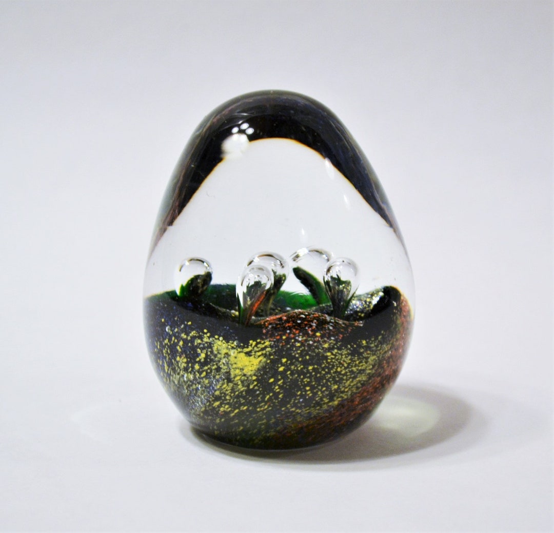 Vintage Egg Shaped Glass Paperweight Bubbles Color Flecks Polished Base