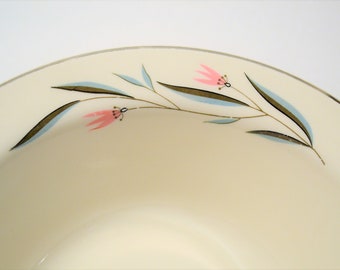 Vintage Round Vegetable Bowl Pink Flowers Blue Gray Leaves Mid Century Dinnerware USA Panchosporch