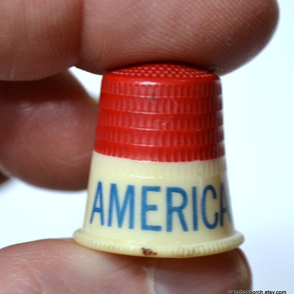 Vintage American Fence Thimble Plastic Promo Advertising Sewing Thimble Red White Blue Americana Collectible Miniature Display PanchosPorch