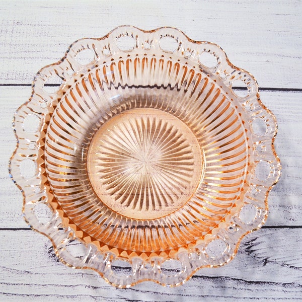 Vintage Lace Edge Pink Round Bowl Ribbed Pierced Edge Old Colony Depression Glass Anchor Hocking Farmhouse Decor PanchosPorch