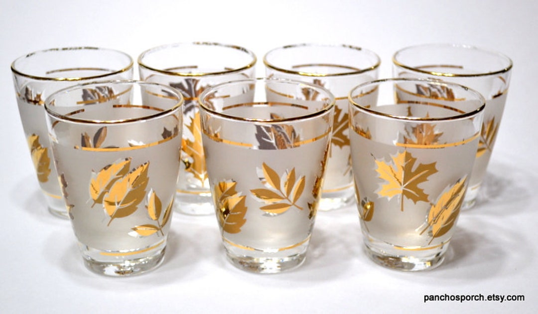 Set of 8 Vintage Libbey Gold Leaf 12 Oz Glasses Gold Trimmed