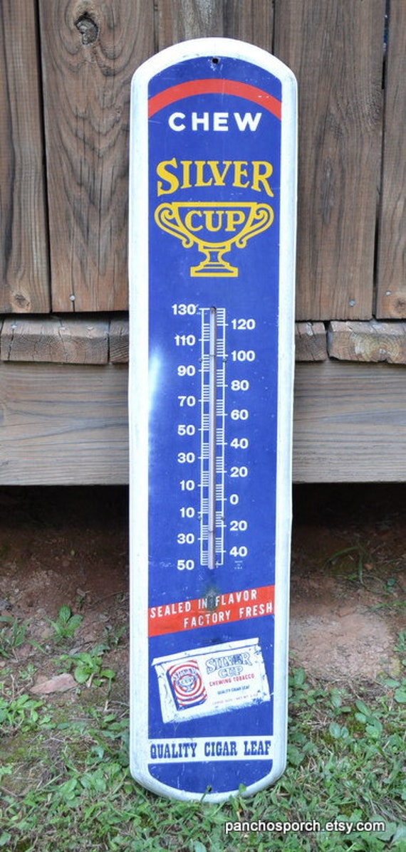 Vintage Silver Cup Tobacco Metal Sign Thermometer: 39-inch Store Display