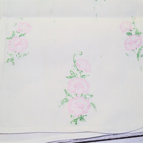 Vintage Embroidered Table Runner Dresser Scarf Pink Floral Hemmed Edge Old Vintage Linens Panchosporch